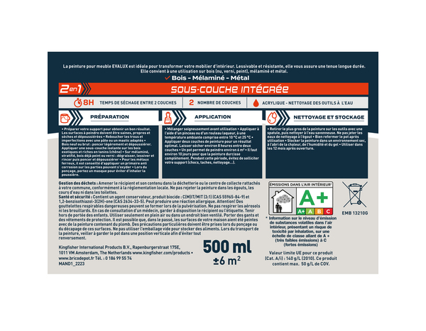 Peinture meuble Mat 0,5 L Blanc Crème - Evalux - Brico Dépôt