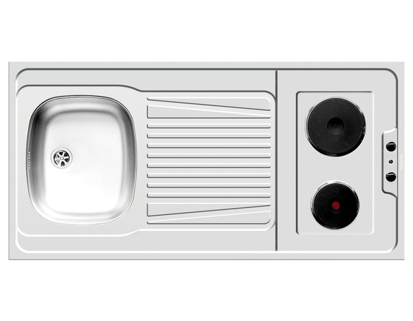 Cuisinette électrique blanche porte couleur chêne (évier, 2 feux et réfrigérateur) - H.910 x L.1200 x P.600 mm - Brico Dépôt