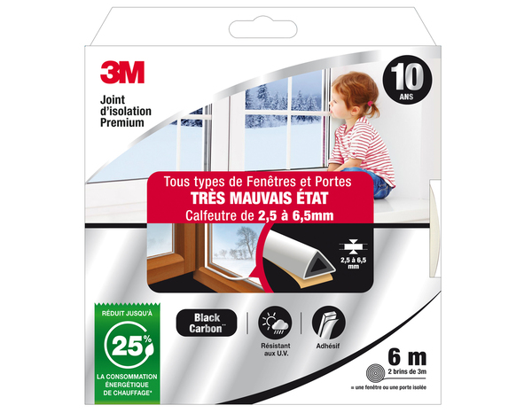 Joint d'étanchéité premium portes et fenêtres très mauvais état blanc - 6 m 9 x 7,5 mm - 3M - Brico Dépôt