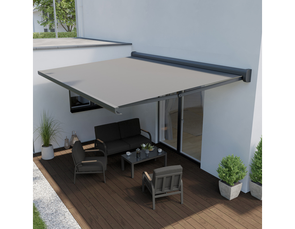 Store banne motorisé avec cassette L. 300 x H. 25 cm x l. 400 cm Gris - Brico Dépôt