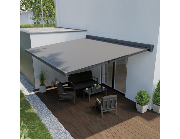 Store banne motorisé avec cassette + Led 5 x 3,5 m Gris - Marque BLOOMA - Brico Dépôt