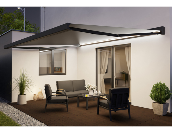 Store banne motorisé avec cassette + Led 5 x 3,5 m Gris - Marque BLOOMA - Brico Dépôt