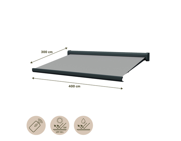 Store banne motorisé avec cassette L. 300 x H. 25 cm x l. 400 cm Gris - Brico Dépôt