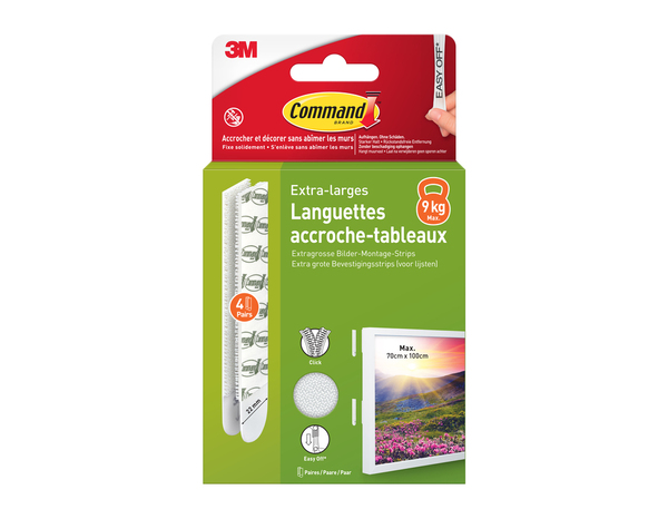 4 paires de languettes de fixation tableaux extra large blanc - max 9kg - Command - Brico Dépôt