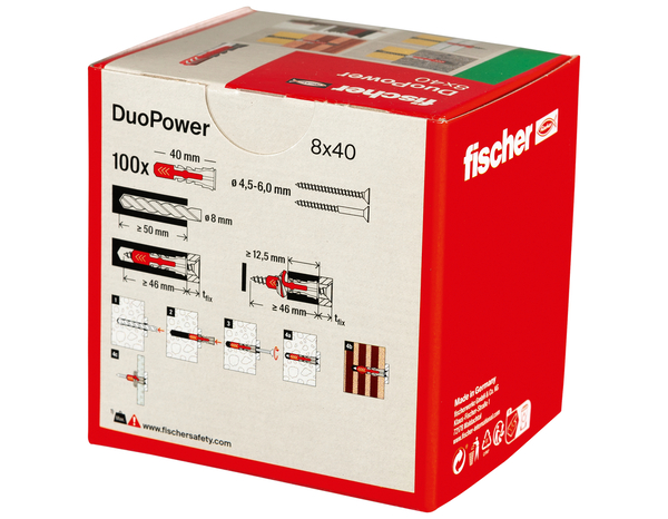 Chevilles à expansion DuoPower Ø8x40 en nylon - Boîte de 100, idéales pour tous matériaux - Fischer - Brico Dépôt