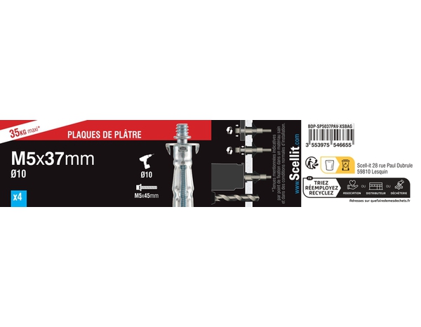 Chevilles à expansion en acier M5x37 Spyder - Pack de 4 pour plaque de plâtre - Scell-it - Brico Dépôt