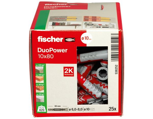 Cheville à expansion DuoPower 10x80 en nylon - 25 pièces, Idéal pour Béton et Plaques - Fischer - Brico Dépôt
