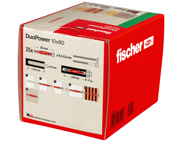 Cheville à expansion DuoPower 10x80 en nylon - 25 pièces, Idéal pour Béton et Plaques - Fischer - Brico Dépôt