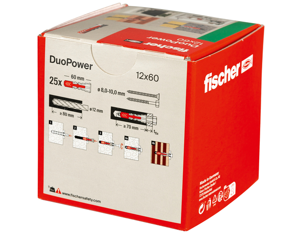 Cheville à expansion DuoPower 12x60 en nylon - 25 pièces, Idéal pour Béton et Plaques - Fischer - Brico Dépôt