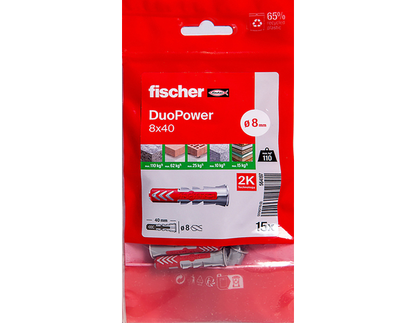 Cheville à expansion DuoPower 8x40 en nylon - 15 pièces, idéale pour béton et brique - Fischer - Brico Dépôt