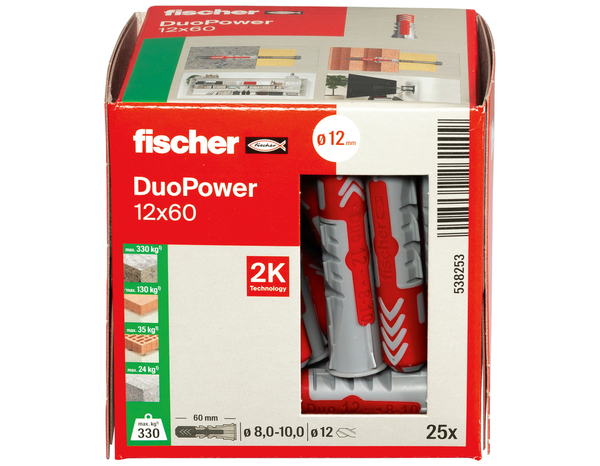 Cheville à expansion DuoPower 12x60 en nylon - 25 pièces, Idéal pour Béton et Plaques - Fischer - Brico Dépôt
