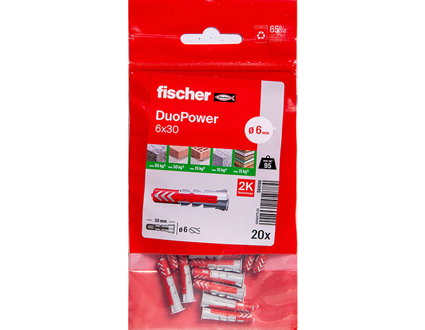 Cheville à expansion DuoPower 6x30 en nylon - 20 pièces, idéale pour béton et brique - Fischer - Brico Dépôt