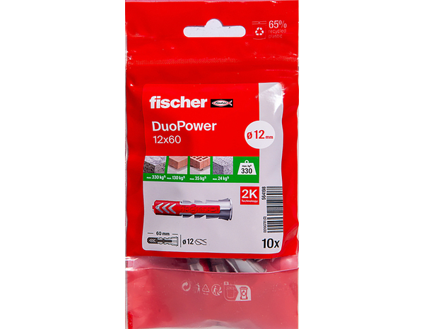 Cheville à expansion DuoPower 12x60 en nylon - 10 pièces, idéale pour béton et plaques - Fischer - Brico Dépôt