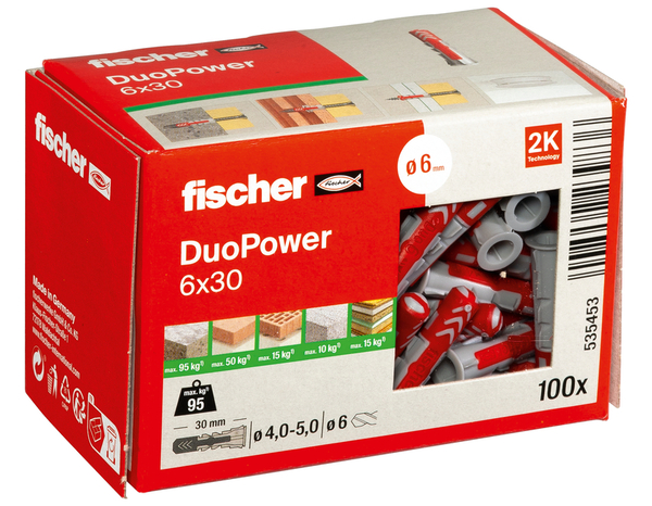 Chevilles à expansion DuoPower Ø6x30 - 100 pièces en nylon pour tous matériaux - Fischer - Brico Dépôt