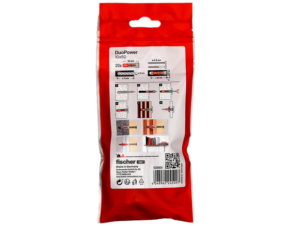 Cheville à expansion DuoPower 10x50 en nylon - 20 pièces pour béton et plaques - Fischer - Brico Dépôt