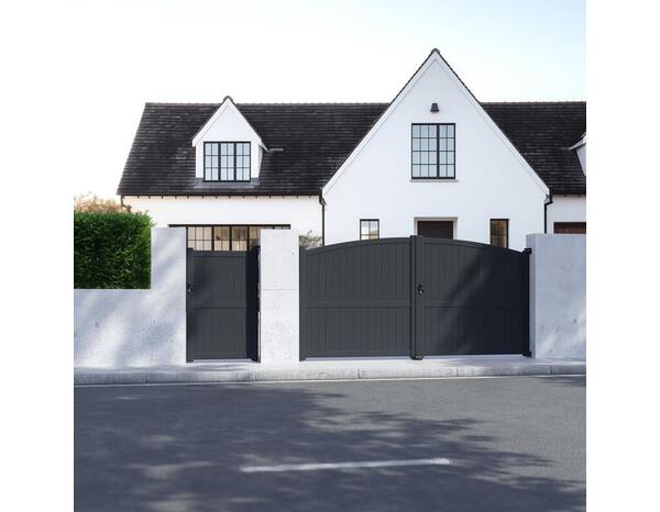 Portail battant aluminium "Berilo" gris - L.3,5 x H.1,60/1,80 m - Largeur entre piliers : 3560 mm - Brico Dépôt