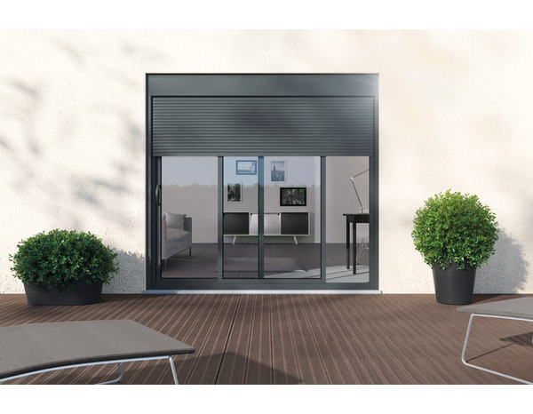 Baie coulissante en aluminium bicolore blanc/ gris + volet roulant - Dim. H. 200 x L. 240 cm - Brico Dépôt