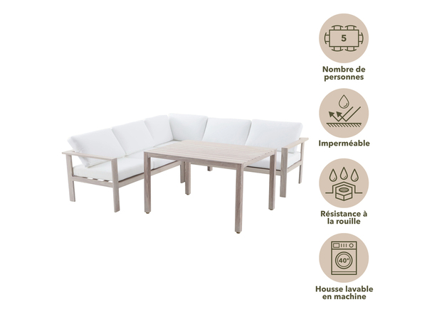 Salon de jardin en aluminium 5 places couleur effet bois clair et coussins beige "SEFIRA" - Marque BLOOMA - Brico Dépôt