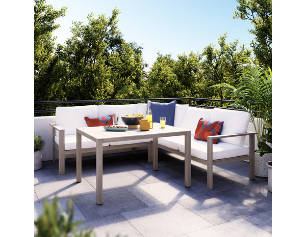 Salon de jardin en aluminium 5 places couleur effet bois clair et coussins beige "SEFIRA" - Marque BLOOMA - Brico Dépôt