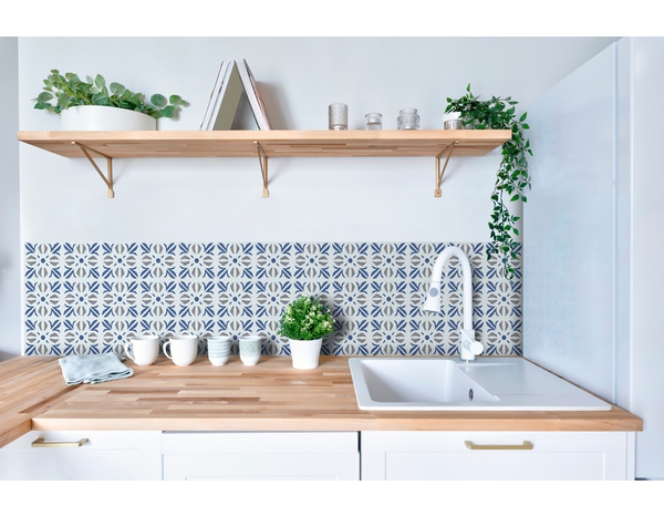 6 dalles murales PVC adhésives blanc, bleu, gris effet carreaux de ciment "CUBIA" 15X15 cm - Brico Dépôt