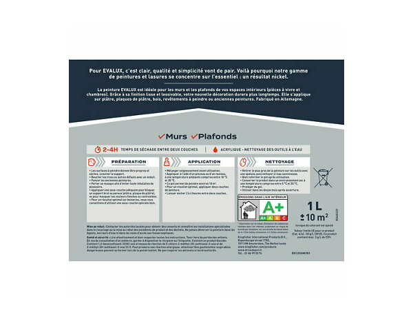 Peinture murs base A Satin 1 L - Evalux - Brico Dépôt