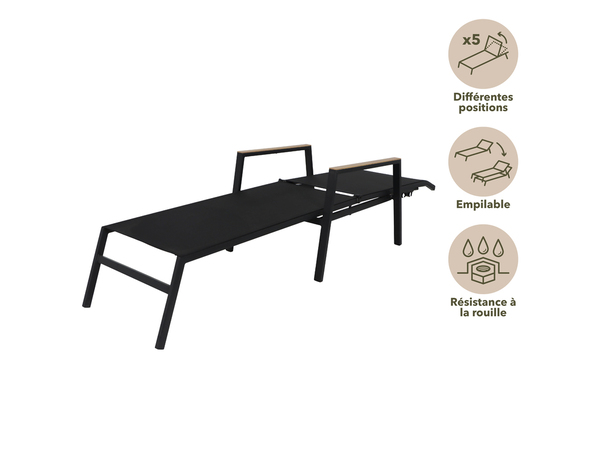 Bain de soleil aluminium et toile pvc noir "ASARA" - L. 203 x l. 56/62 x H. 88 cm. - Marque BLOOMA - Brico Dépôt