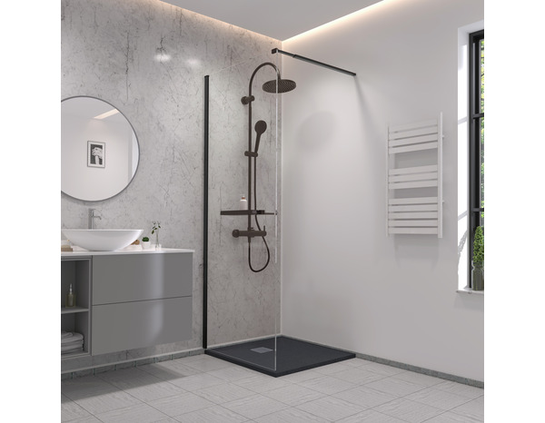 Paroi de douche à l'italienne l.90 x H.190 cm verre trempé 6 mm noir mat avec porte-serviettes - Brico Dépôt