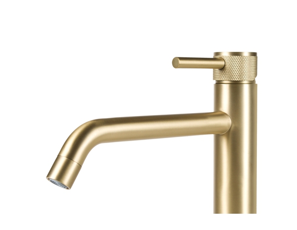 Mitigeur lavabo XL SINDIA acier inoxydable finition or brossé H. 25,6 cm P. 19,3 cm - Brico Dépôt