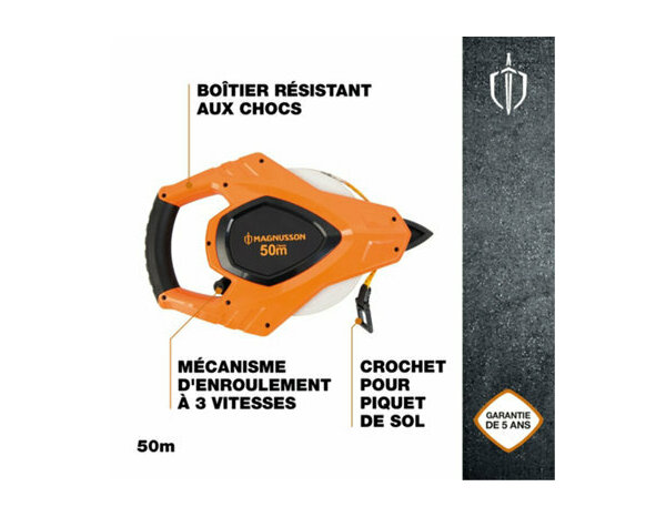 Mètre ruban 50m, boîtier bi-matière résistant aux chocs - MAGNUSSON - Brico Dépôt