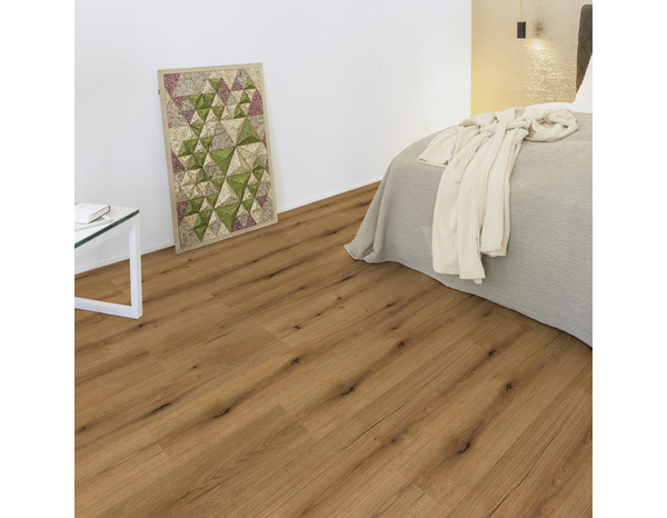 Sol stratifié à clipser AC5 L. 138,3 x l. 19,3 cm. Sous couche intégrée 8+2M marron foncé "EVOKE SUNSET" - Brico Dépôt