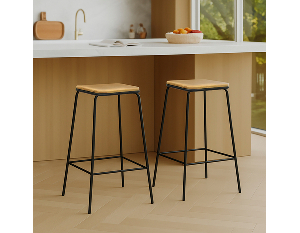 Tabouret de bar "Japandi" en bambou et métal noir - Brico Dépôt