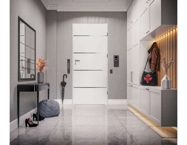 Porte d’entrée "ATENA" blanc métal 215 cm x 90 cm, ouvrant droit 55 mm, serrure 3 points - Brico Dépôt