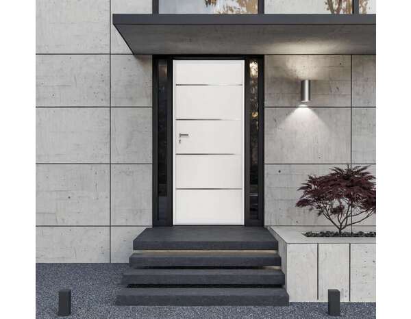 Porte d’entrée "ATENA" blanc métal 215 cm x 90 cm ouvrant gauche 55 mm serrure 3 points - Brico Dépôt