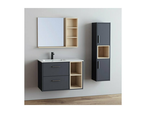Ensemble TOLMAN 80 cm gris mat effet bois meuble sous-vasque mural avec vasque résine - Brico Dépôt