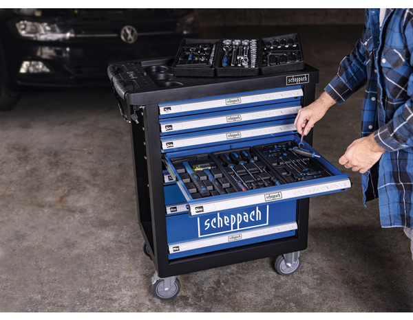 Servante équipée 71 pièces, outils complets pour tous travaux, taille adaptée - Scheppach - Brico Dépôt