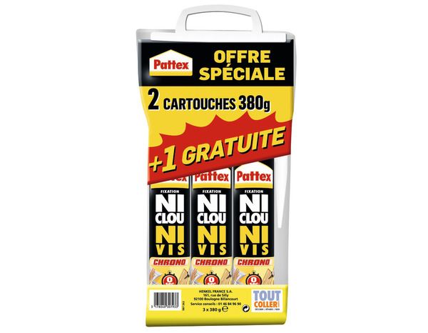 Lot de 3 cartouches colle acrylique Ni Clou Ni Vis, usage intérieur - Pattex - Brico Dépôt