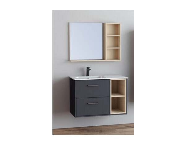 Ensemble TOLMAN 80 cm gris mat effet bois meuble sous-vasque mural avec vasque résine - Brico Dépôt