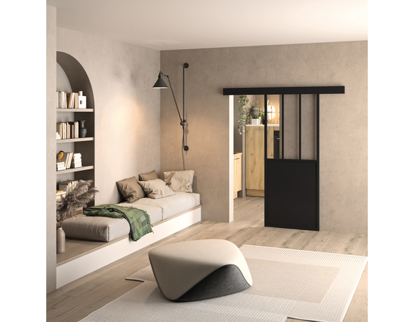 Porte coulissante atelier noir semi-vitrée 83 cm OPTIMUM - Brico Dépôt
