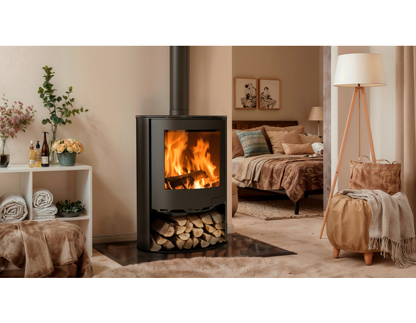 Poêle à bois 6,7KW  noir mat, double combustion, TAHOE avec rangement intégré - Panadero - Brico Dépôt