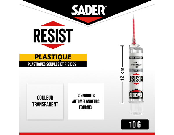 Colle réparation plastique transparente époxy bi-composant 10 g - Sader - Brico Dépôt