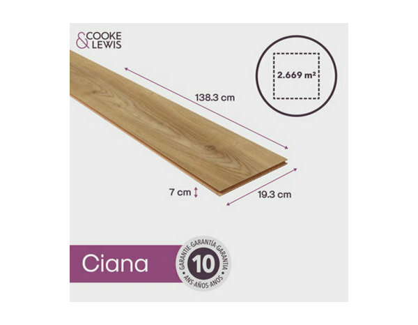 Sol stratifié à clipser 7 mm AC3 chêne naturel mat CIANA NAT - 138,3 x 19,3 cm - Cooke and Lewis - Brico Dépôt