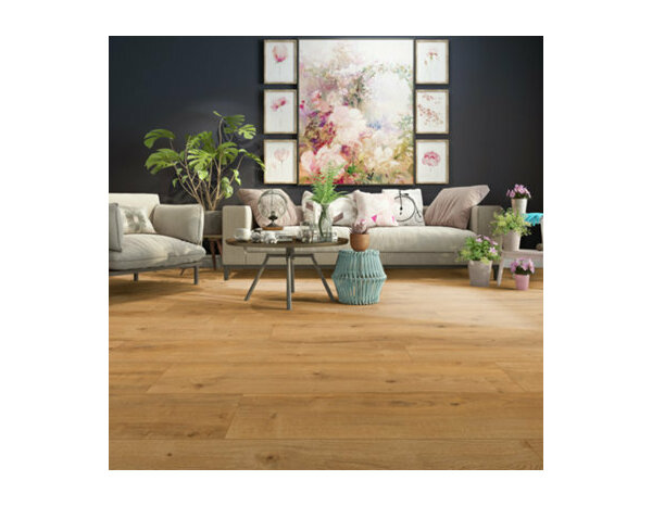 Sol stratifié à clipser 8 mm AC5 marron clair effet chêne naturel ADRIUS - 128,5x19,2 cm - Cooke and Lewis - Brico Dépôt