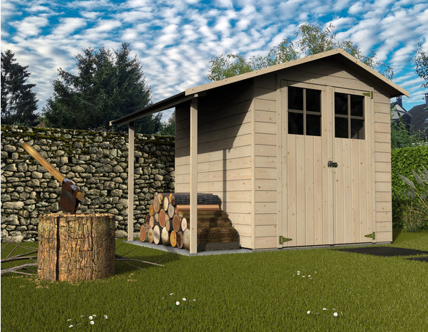 Abri de jardin bois couleur naturelle 12 mm 273x212x202 cm (3.24m²) et bûcher latéral LOVOU - Brico Dépôt