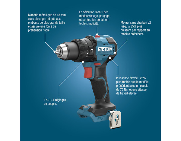 Perceuse-visseuse à percussion sans fil 18V, 75 Nm - Erbauer - Brico Dépôt