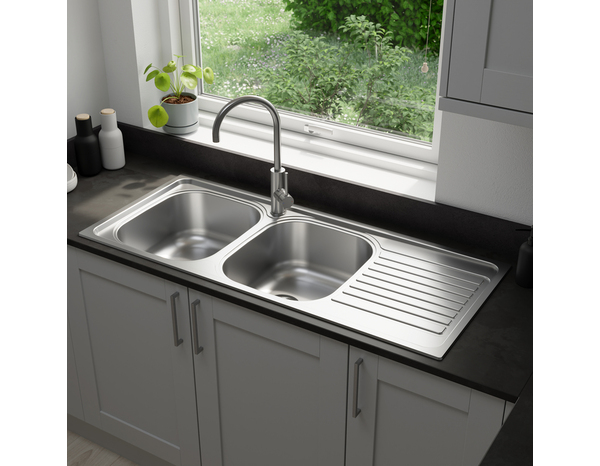 Evier inoxydable, 2 bacs gris égouttoir réversible NAKAYA -116x50x15 cm - Brico Dépôt