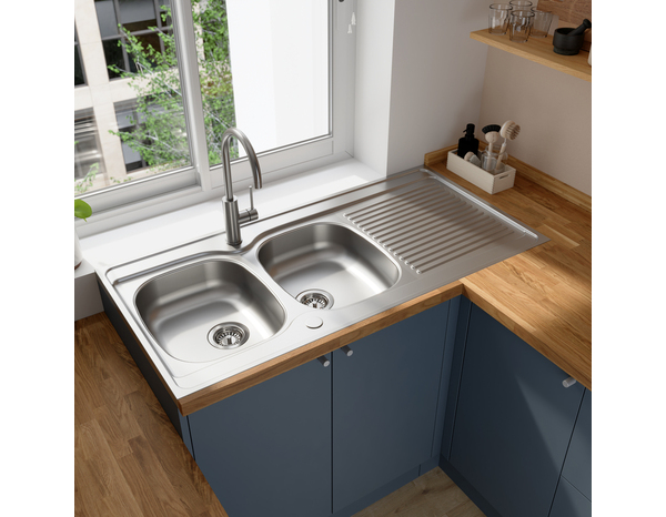 Evier inoxydable 2 bacs gris, égouttoir réversible MAYR - 120x60x16 cm - Brico Dépôt