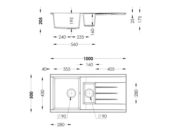 Evier résine, rectangulaire 1,5 bacs noir encastré ISING BOWL - 110x50x21 cm - Cooke and Lewis - Brico Dépôt