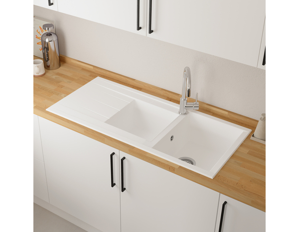 Evier résine, rectangulaire 2 bacs blanc encastré ISING - 110x50x21 cm - Cooke and Lewis - Brico Dépôt