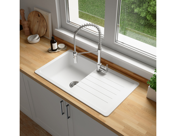 Evier quartz, rectangulaire 1 bac blanc, égouttoir réversible ALLAIRE - 86x50x28,2 cm - Cooke and Lewis - Brico Dépôt