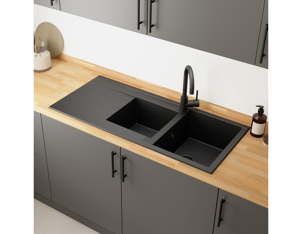 Evier résine, rectangulaire 2 bacs noir, égouttoir réversible ISING - 110x50x21 cm - Cooke and Lewis - Brico Dépôt